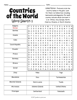countries around the world 8 word search puzzle worksheet activities