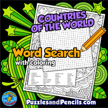 Preview of Countries of the World Word Search Puzzle with Coloring | Geography Wordsearch