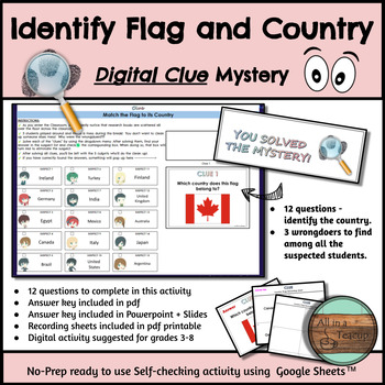 Preview of Country and Flag  Match Digital Clue Mystery Task Cards Digital Activity