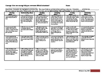Preview of Courage Activity Choice Menu (Bloom's)