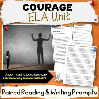 Preview of Courage Unit - Bell Ringers, ELA Paired Reading Activity Packet, Writing Prompts