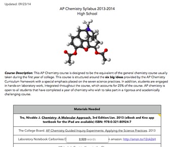 Preview of Course Syllabus Template Flipped Classrooms for AP Chemistry Students