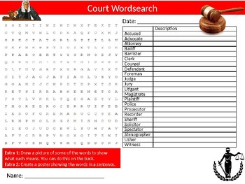 Court Wordsearch Sheet Starter Activity Keywords Law Justice System