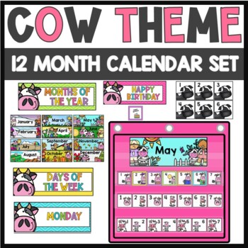 Preview of Cow Classroom - Cows 12 Month Calendar Set with Illustrated Cow Theme Numbers