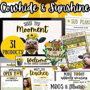 Preview of Cow Print & Sunflower Organizers, Communication, and Digital Decor BUNDLE