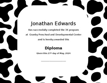 Preview of Cow Themed Preschool Diploma / Certificate 3k 4k 5k   Theme