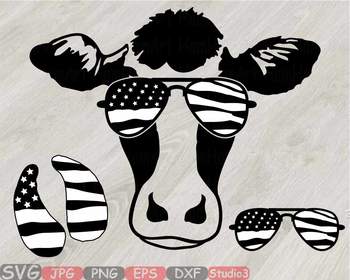 Preview of Cow USA Flag Glasses Silhouette SVG clipart cut layer cowboy 4th July 833S