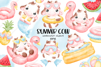 Preview of Cow clipart, Cow watercolor clipart, Summer clipart