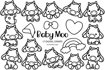 Preview of Cow digital stamp, Cow clipart, Animal outline, animal coloring clipart