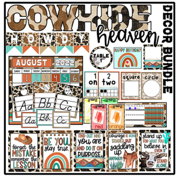 Preview of Cowhide Heaven Cow Print Western Aztec Classroom Theme Decor Bundle