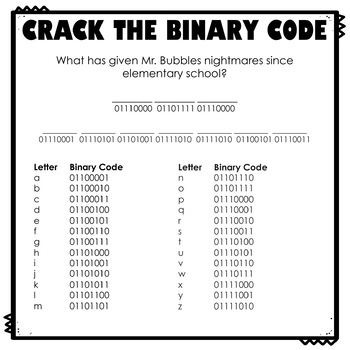 Crack the Binary Code School Worksheets by ThweattHearts | TpT