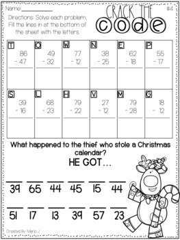 Crack the Code 2 Digit Addition and Subtraction-- Christmas Themed