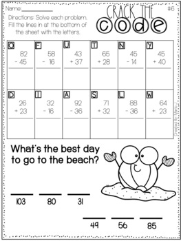 Crack the Code 2 Digit Addition and Subtraction-- Summer Themed | TpT