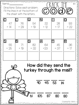 Crack the Code 2 Digit Addition and Subtraction-- Thanksgiving Themed