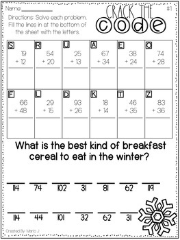 Crack the Code 2 Digit Addition and Subtraction-- Winter Themed | TpT