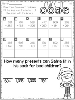 Crack the Code 3 Digit Addition and Subtraction-- Christmas Themed