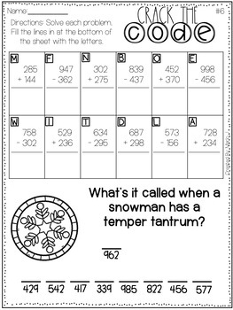 Crack the Code 3 Digit Addition and Subtraction-- Winter Themed | TpT