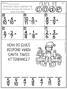 Crack the Code Adding & Subtracting Fractions l Christmas Themed
