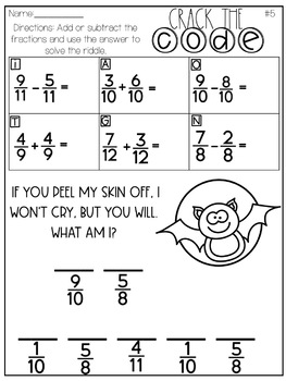 Crack the Code Adding & Subtracting Fractions l Halloween Themed