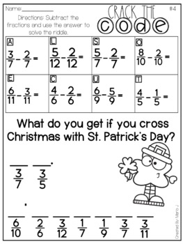 Crack the Code Adding & Subtracting Fractions l St. Patrick's Day Themed