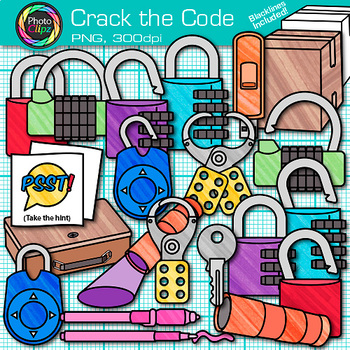 Preview of Crack the Code Clipart: Classroom Escape Game Clip Art, Transparent PNG B&W
