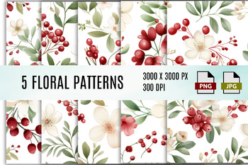 Preview of Cranberry Floral Background, Vibrant Floral Digital Paper Pack