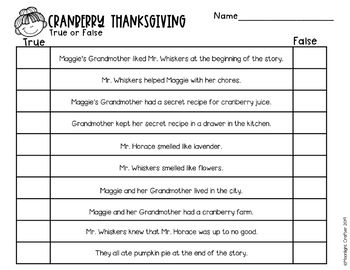 Cranberry Thanksgiving Comprehension Activities by moonlight crafter by ...