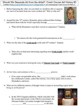 Preview of Crash Course Art History #5 (Should We Separate Art from the Artist?) worksheet