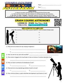 Preview of Crash Course - Astronomy Lesson #26 STARS (space video sheet / science / key)