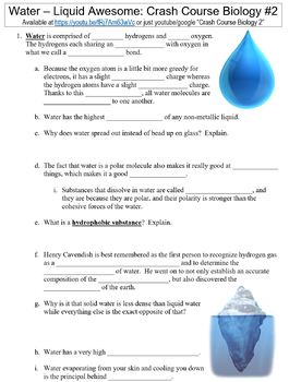 Preview of Crash Course Biology #2 (Water - Liquid Awesome) worksheet