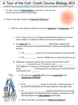 Preview of Crash Course Biology #23 (A Tour of the Cell) worksheet