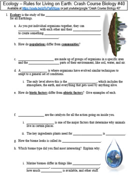 Preview of Crash Course Biology #40 (Ecology - Rules for Living on Earth) worksheet