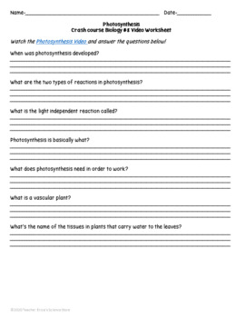 crash course biology 8 photosynthesis video worksheet tpt