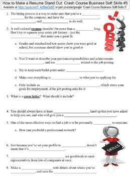 Preview of Crash Course Business Soft Skills #5 (How to Make a Resume Stand Out) worksheet