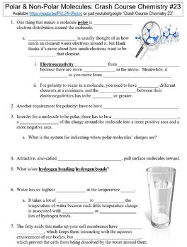Preview of Crash Course Chemistry #23 (Polar & Non-Polar Molecules) worksheet