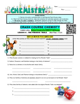 Preview of Crash Course Chemistry #4 - THE PERIODIC TABLE OF ELEMENTS (video lesson sheet)
