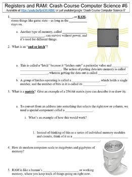 crash course computer science 6 registers and ram worksheet tpt