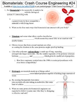 Preview of Crash Course Engineering #24 (Biomaterials) worksheet