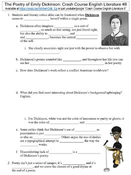 Preview of Crash Course English Literature #8 (The Poetry of Emily Dickinson) worksheet