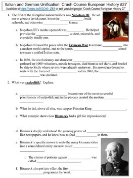 Preview of Crash Course European History #27 (Italian and German Unification) worksheet