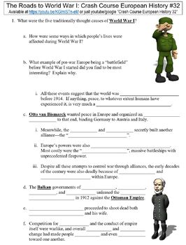 Preview of Crash Course European History #32 (The Roads to World War I) worksheet