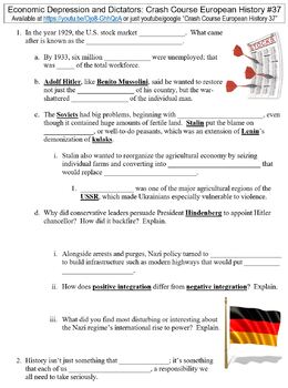 Preview of Crash Course European History #37 (Economic Depression and Dictators) worksheet