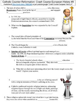 Preview of Crash Course European History #9 (Catholic Counter-Reformation) worksheet