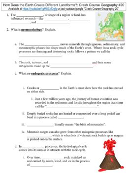 Preview of Crash Course Geography #20 (How Does the Earth Create Landforms?) worksheet