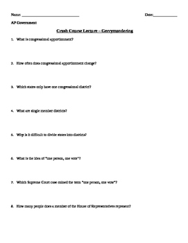 Preview of Crash Course - Gerrymandering Questions - GOOD FOR DISTANCE LEARNING