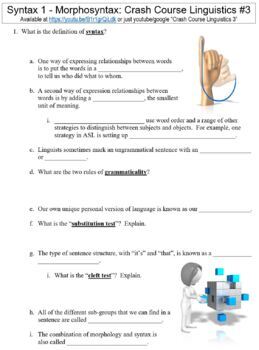 Preview of Crash Course Linguistics #3 (Syntax 1 - Morphosyntax) worksheet