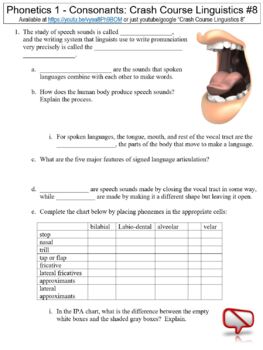 Preview of Crash Course Linguistics #8 (Phonetics 1 - Consonants) worksheet