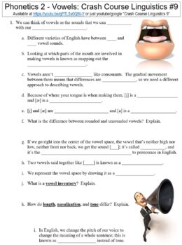 Preview of Crash Course Linguistics #9 (Phonetics 2 - Vowels) worksheet