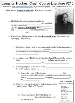 Preview of Crash Course Literature #215 (Langston Hughes &  Harlem Renaissance) worksheet