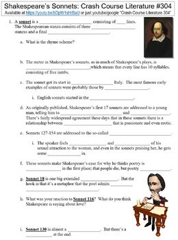 Preview of Crash Course Literature #304 (Shakespeare's Sonnets) worksheet